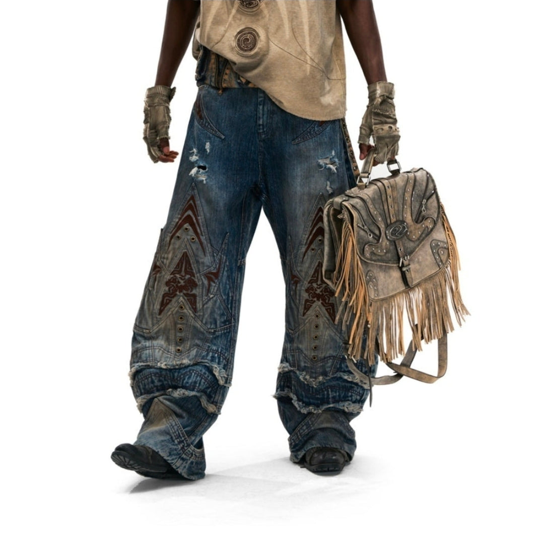 Embroidered Scale-armor-patterned Bamboo-knot-design Curved-sword Jeans